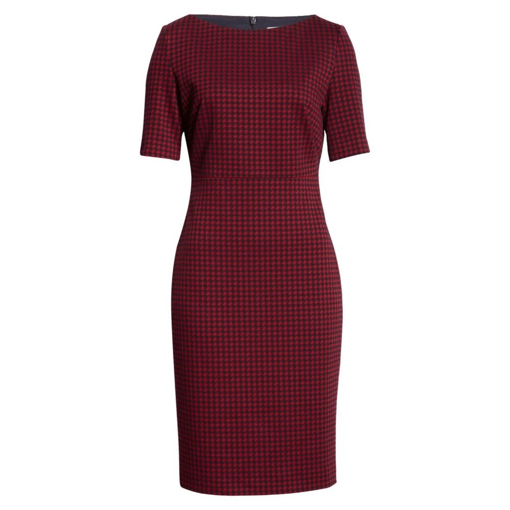 NWT BOSS Hugo Boss Dalula in Red Black Houndstooth Bateau Neck Sheath Dress 10